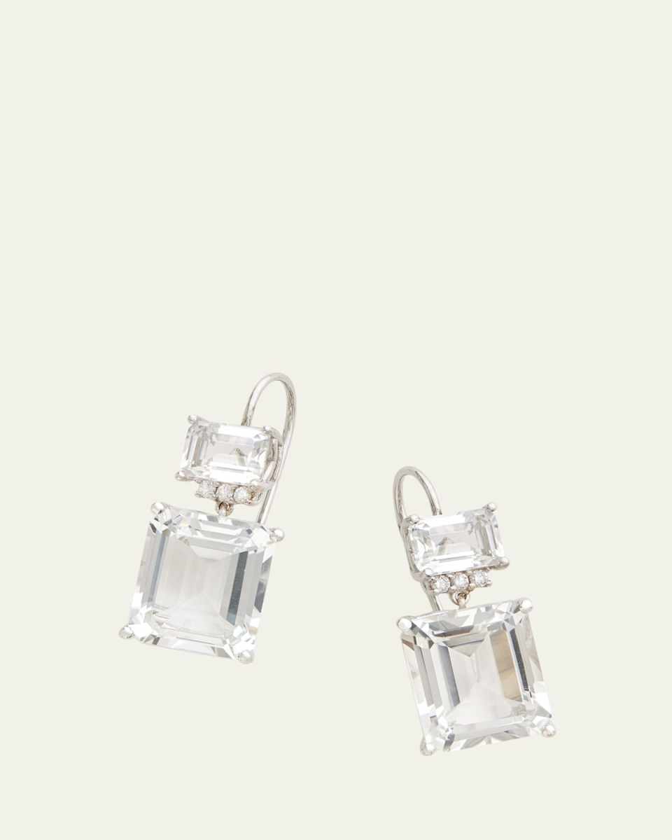 18K White Gold Signature Set White Topaz and Diamond Emerald Cut Drop Earrings